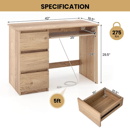 Computer Desk w/3 Large Drawers Type-C & USB Ports